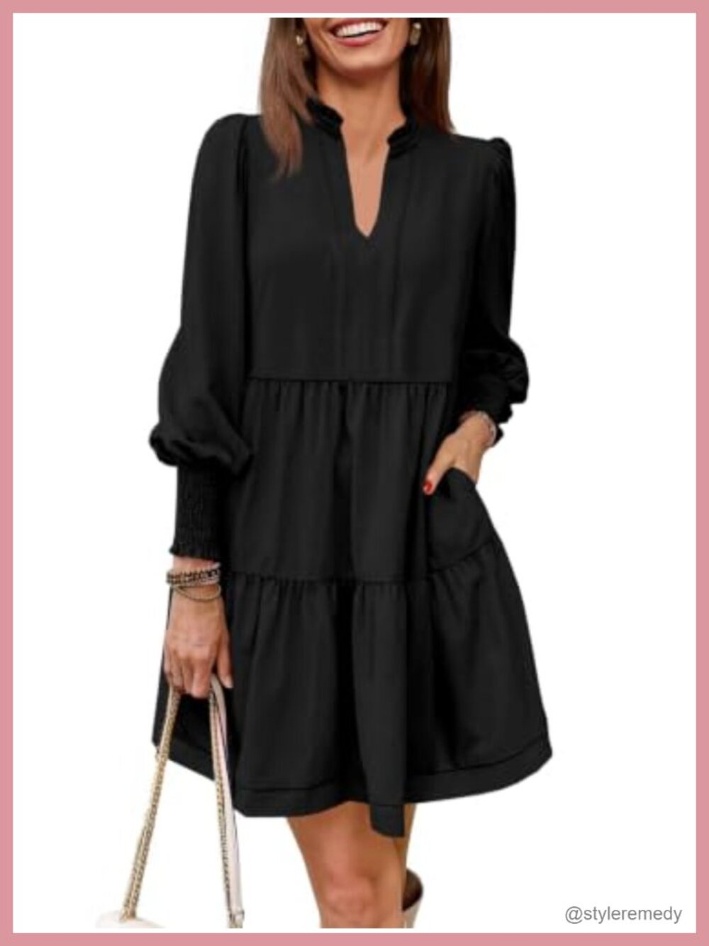 Imily Bela Womens Long Sleeve Tunic Dress V Neck Tiered Mini Casual